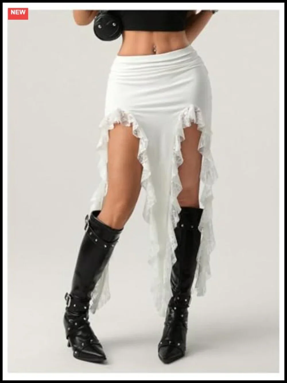 Asymmetrical Lace Trim Fringe Skirt with Slit, Flowy Western Festival Skirt